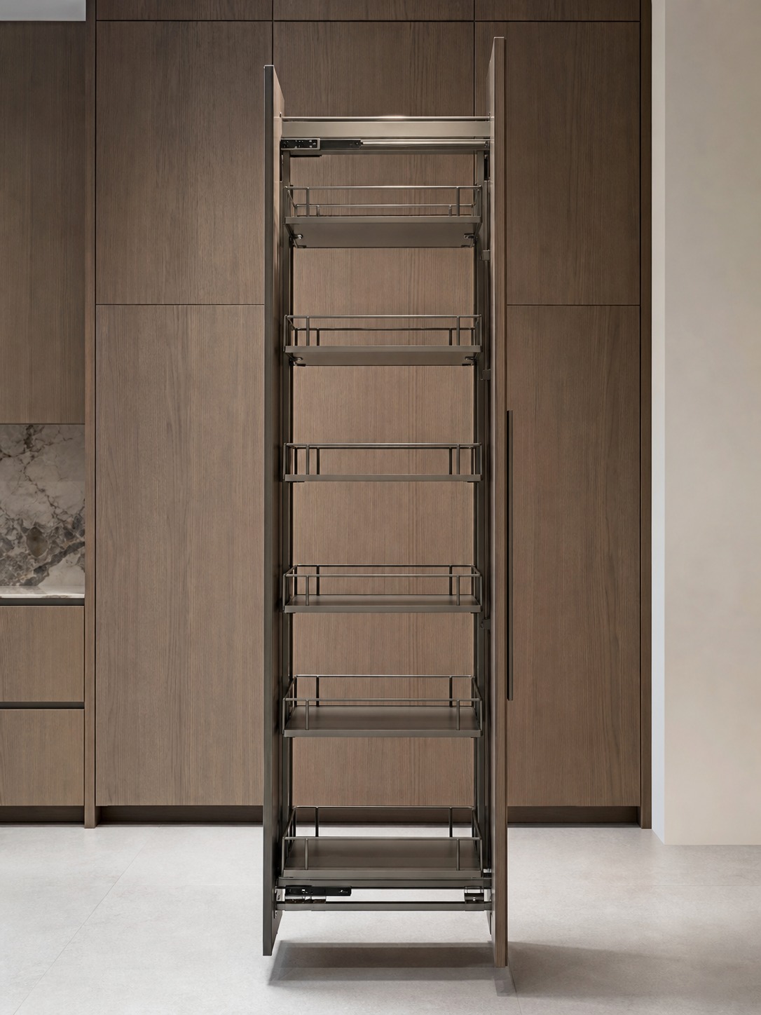 Custom pull-out pantry with soft-close hardware Open custom pull-out pantry with precise internal shelving, brushed metal runners, and clean joinery gaps. | Sky Rye Design Open custom pull-out pantry with precise internal shelving, brushed metal runners, and clean joinery gaps.