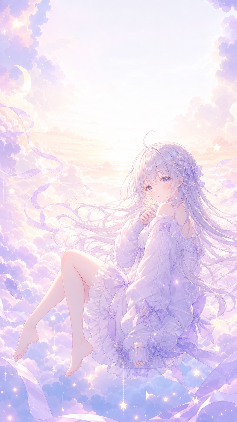 Cute anime wallpaper for phone with pastel clouds and silver-haired girl