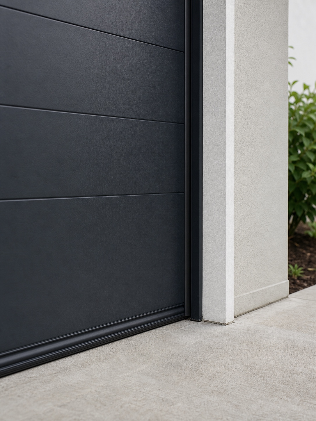 Close-up of a dark flush-panel garage door with clean weatherstripping against a light facade.