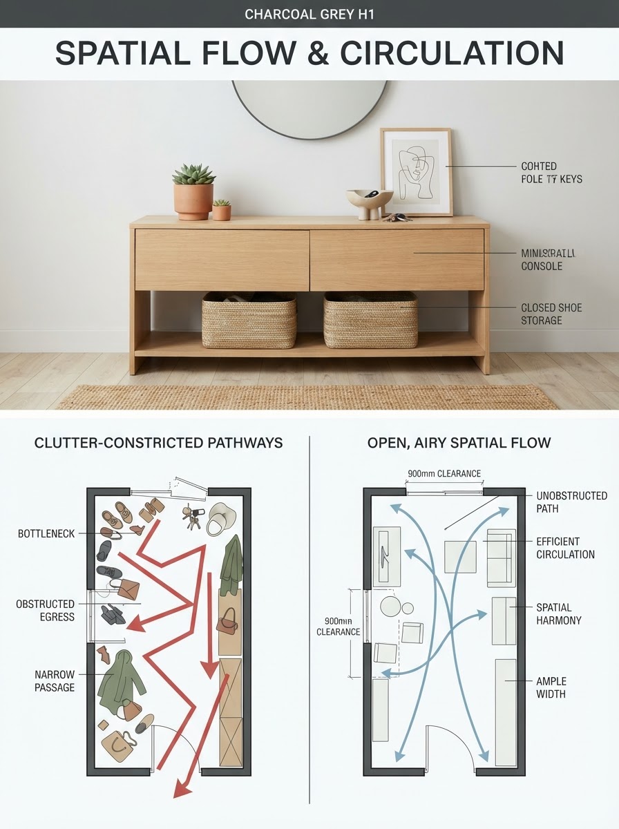 Minimalist Decluttered Spatial Flow Infographic Two-panel infographic: Clean minimalist entryway; bottom panel is a circulation flow diagram contrasting open spaces and cluttered zones. | Sky Rye Design Two-panel infographic: Clean minimalist entryway; bottom panel is a circulation flow diagram contrasting open spaces and cluttered zones.