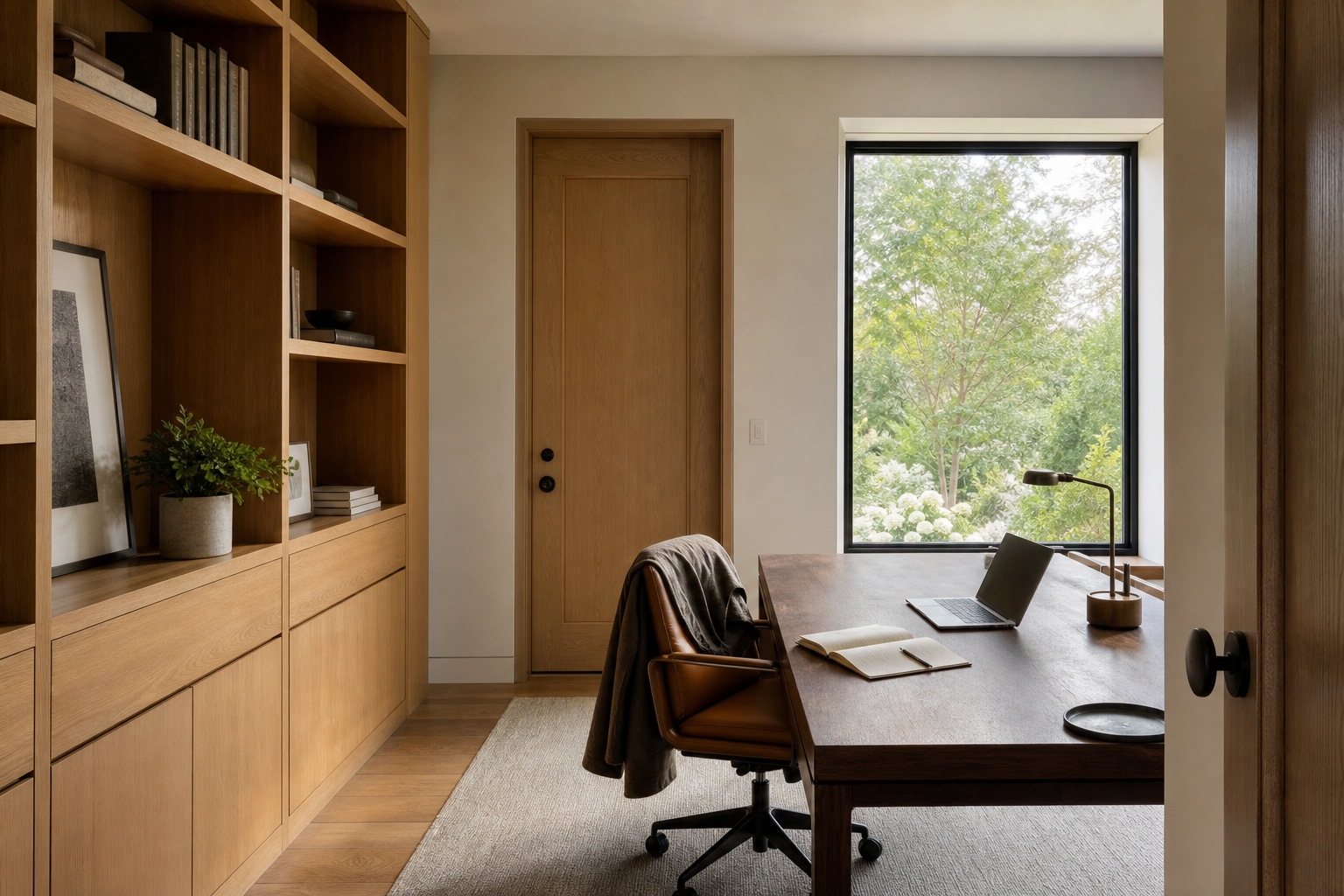 Home office dedicated work-from-home room Dedicated home office with oak built-ins, a closed door, and a garden-facing window. | Sky Rye Design Dedicated home office with oak built-ins, a closed door, and a garden-facing window.