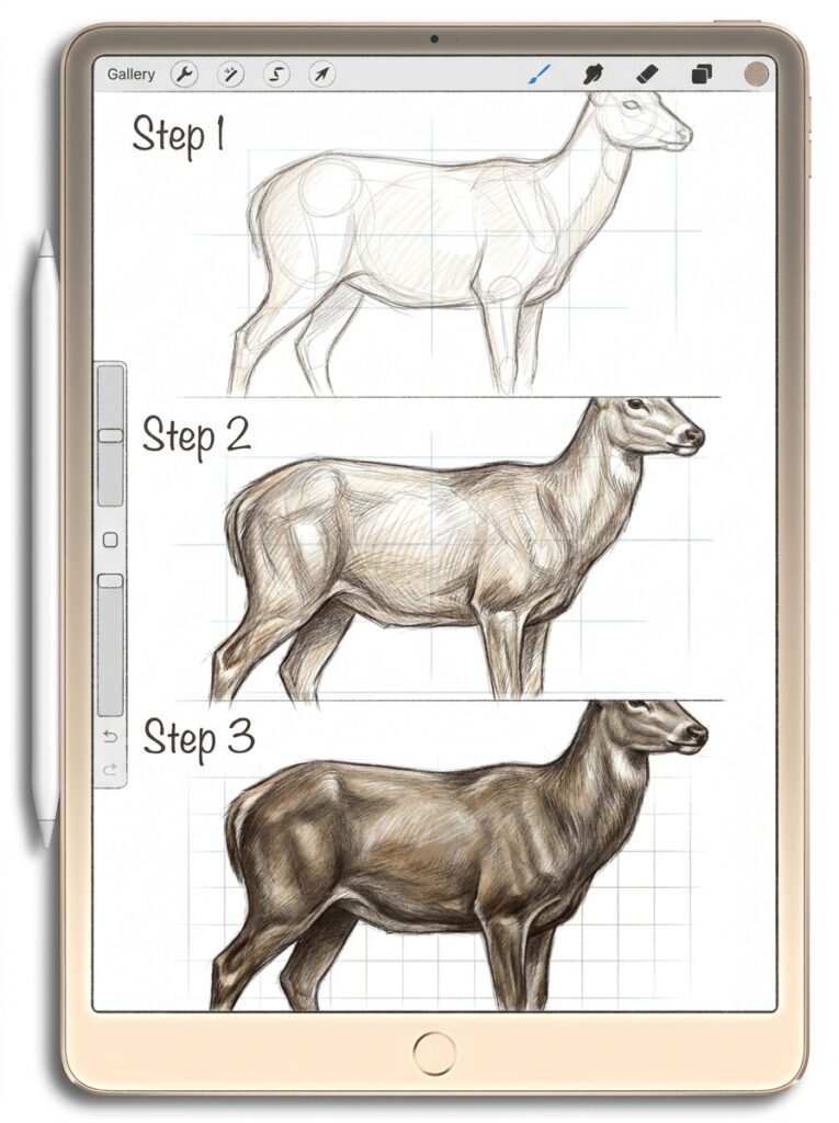iPad drawing tutorial showing three-step deer sketch-to-realistic shading guide with Apple Pencil