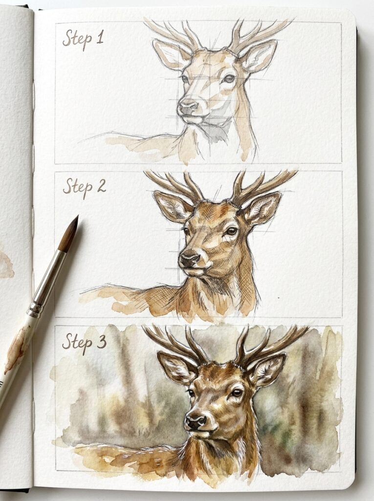 Watercolor deer tutorial in sketchbook: Step 1 pencil sketch, Step 2 ink shading, Step 3 finished painted deer with brush.