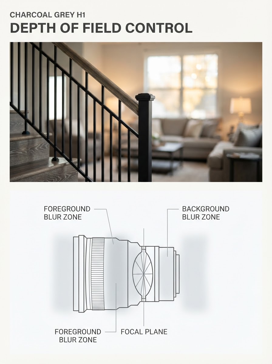 Camera Depth of Field Lens Focal Plane Control Infographic Two-panel infographic: Top panel shows stair railing in sharp focus and living area blurred; bottom panel shows 2D lens aperture and focal distance zones. | Sky Rye Design Two-panel infographic: Top panel shows stair railing in sharp focus and living area blurred; bottom panel shows 2D lens aperture and focal distance zones.
