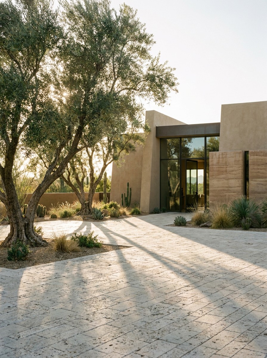 Desert Landscape Shade Trees Permeable Paving Modern desert-style home with glass entry, beige walls, and desert plants in the sunlit courtyard | Sky Rye Design Desert landscape design with shade trees and permeable paving