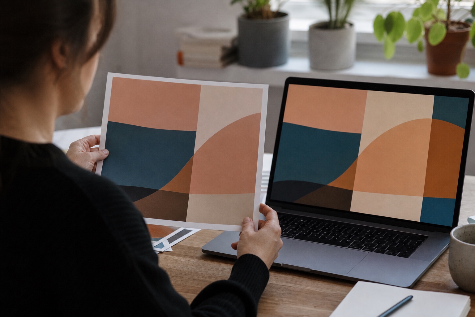 Designer comparing proof to screen Designer comparing a printed color proof with the same design on a laptop screen. | Sky Rye Design Designer comparing a printed color proof with the same design on a laptop screen.