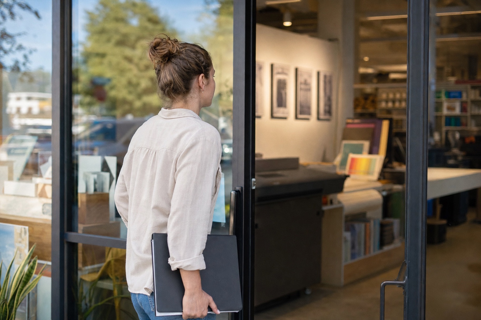 Designer at a local printing centre Designer entering a local printing centre with project files for proofing. | Sky Rye Design Designer entering a local printing centre with project files for proofing.
