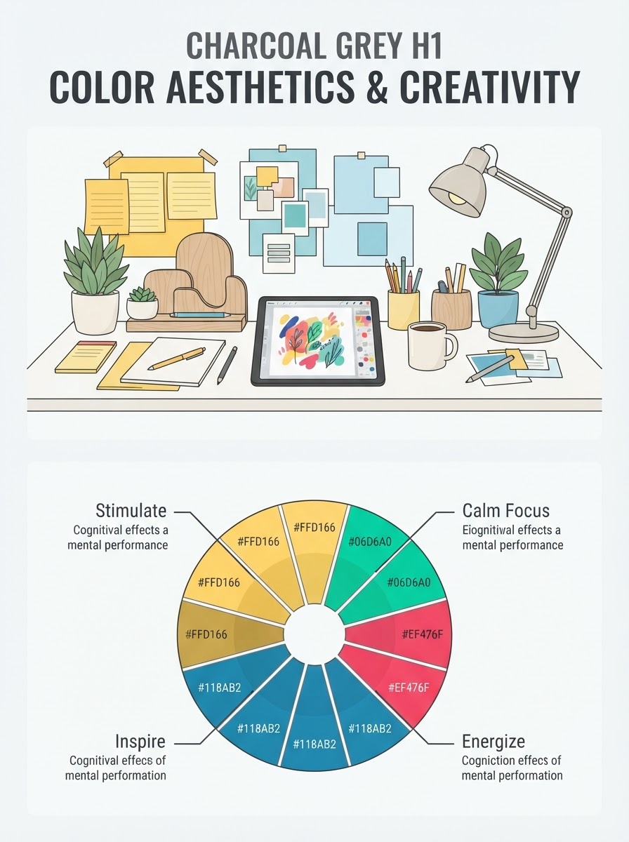 Desk Aesthetics Creativity Booster Swatch Infographic Two-panel infographic: Creative workspace with multiple color swatches and inspirational elements; bottom panel charts creative performance design triggers. | Sky Rye Design Two-panel infographic: Creative workspace with multiple color swatches and inspirational elements; bottom panel charts creative performance design triggers.