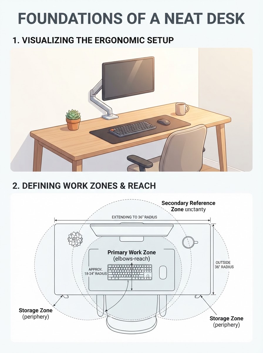 The Foundations of a Neat Desk Setup Layout Two-panel infographic: Top panel shows a minimalist desk layout with oak wood and neutral tones; bottom panel shows a 2D layout diagram of desk zones. | Sky Rye Design Two-panel infographic: Top panel shows a minimalist desk layout with oak wood and neutral tones; bottom panel shows a 2D layout diagram of desk zones.