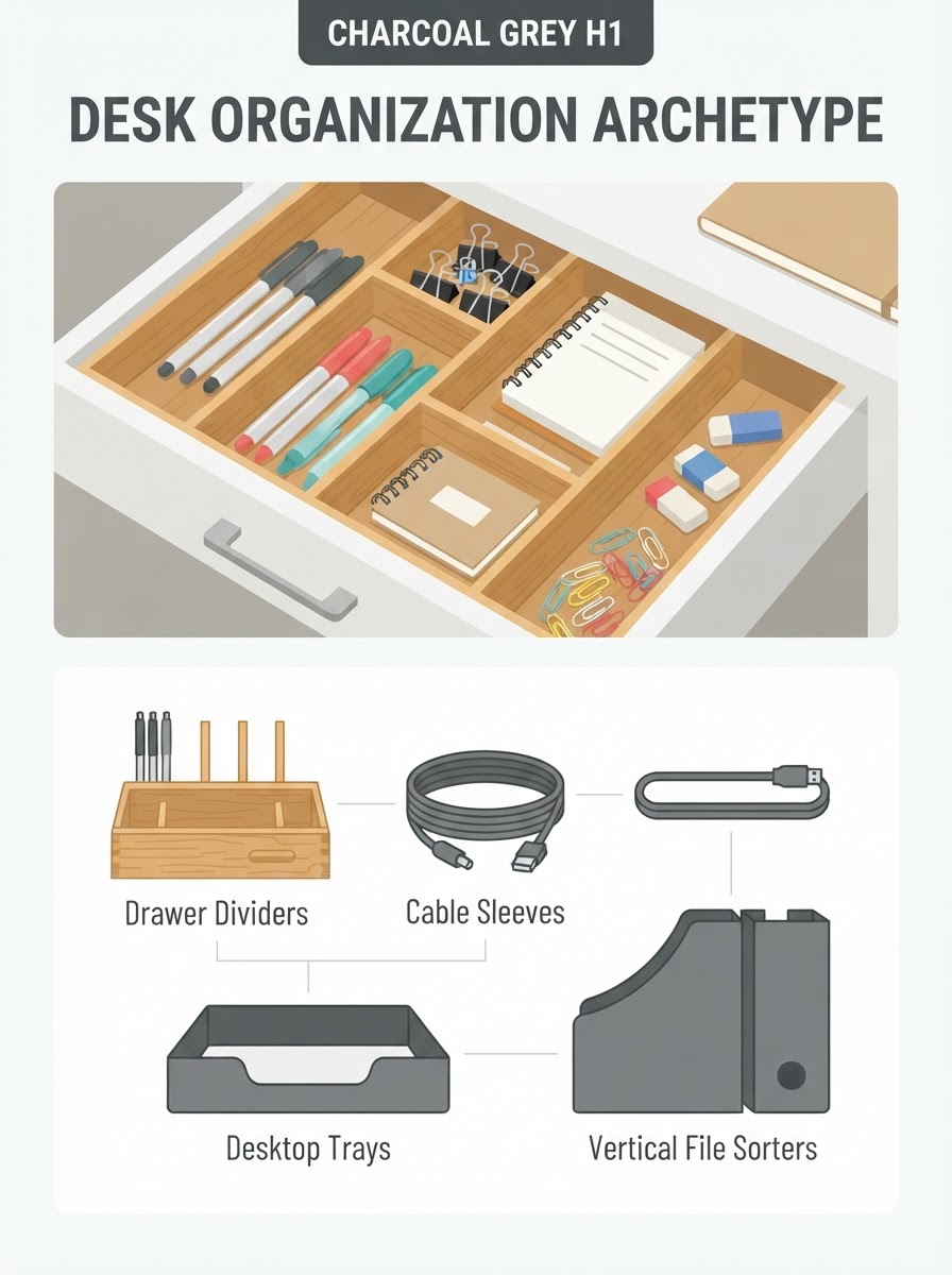 Essential Desk Organization Strategies Accessories Two-panel infographic: Top panel shows organized desk drawers with bamboo dividers; bottom panel is a technical diagram of desk accessories classification. | Sky Rye Design Two-panel infographic: Top panel shows organized desk drawers with bamboo dividers; bottom panel is a technical diagram of desk accessories classification.