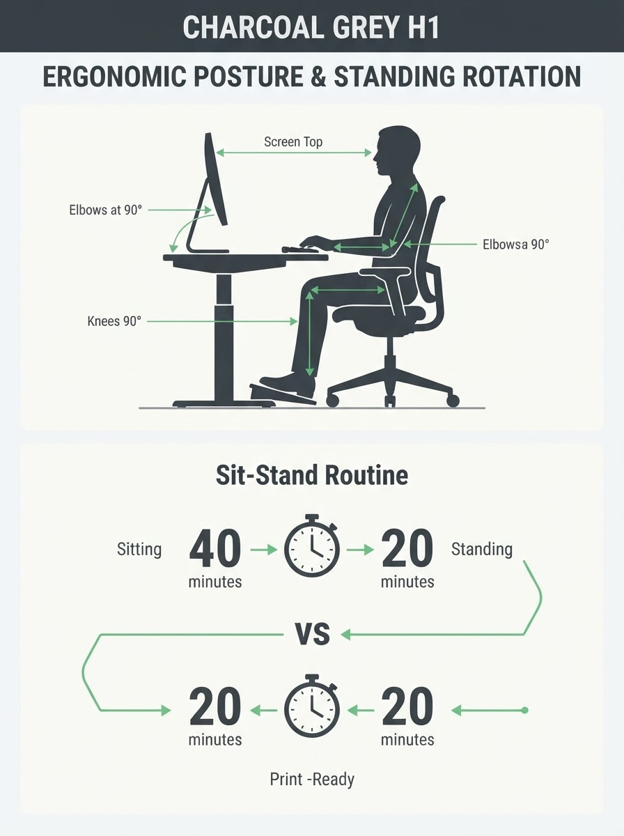 Desk Ergonomics Productivity Optimization Infographic Two-panel infographic: Side view silhouette of correct sitting posture at a standing desk; bottom panel shows the sit-stand dynamic rotation timeline. | Sky Rye Design Two-panel infographic: Side view silhouette of correct sitting posture at a standing desk; bottom panel shows the sit-stand dynamic rotation timeline.