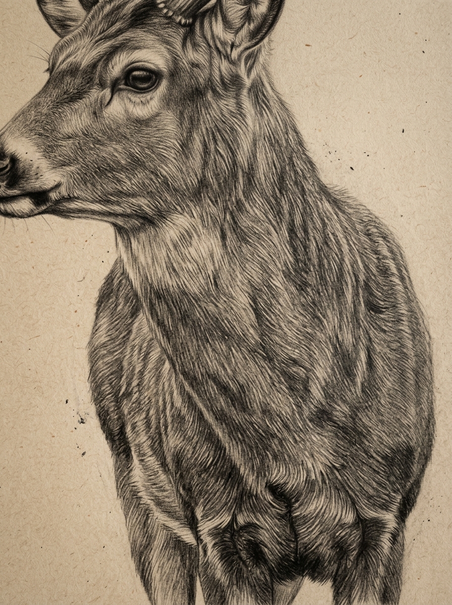 Detailed pencil drawing of a deers head and shoulders on textured paper