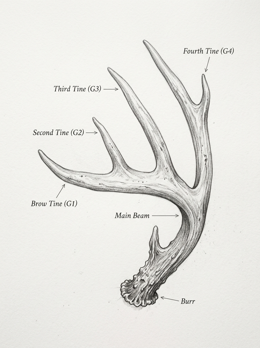 Diagram of a deer antler labelling the burr main beam and tines G1 through G4