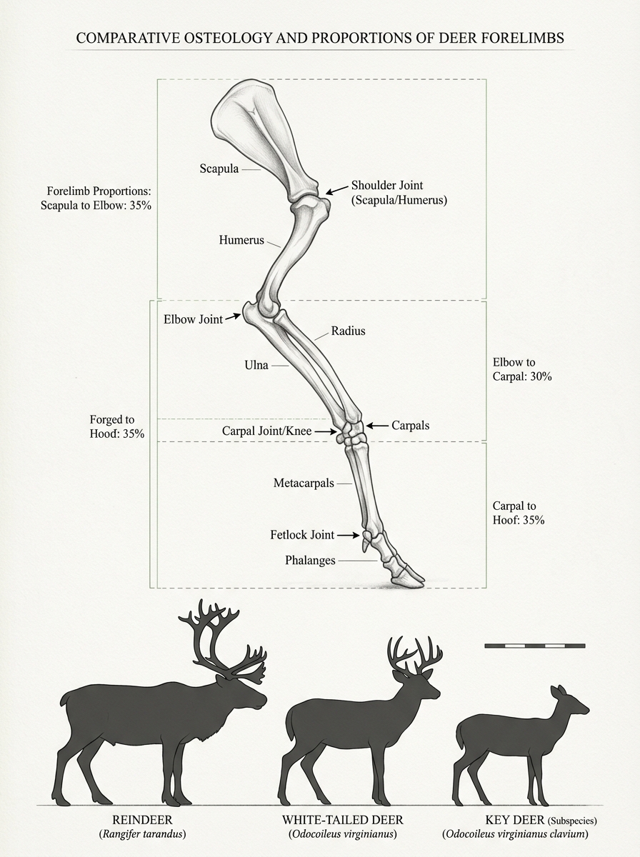 Diagram of deer forelimb anatomy and proportions with silhouettes comparing