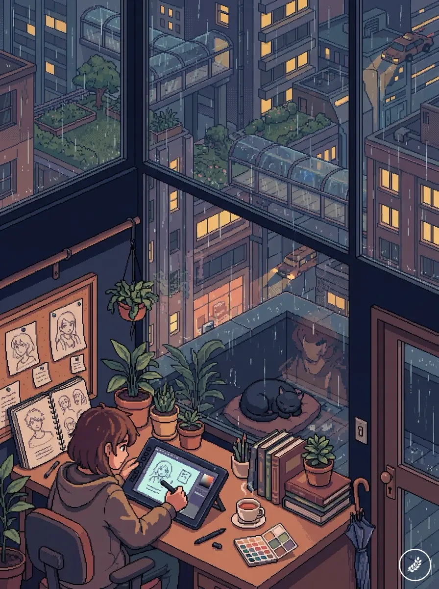 Cozy pixel art: digital artist drawing on tablet by a rainy window overlooking lit cityscape, plants and cat.