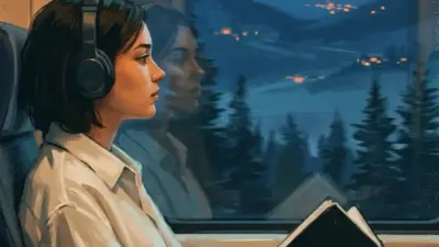 Person with headphones reading on a night train, gazing at illuminated mountain villages through the window