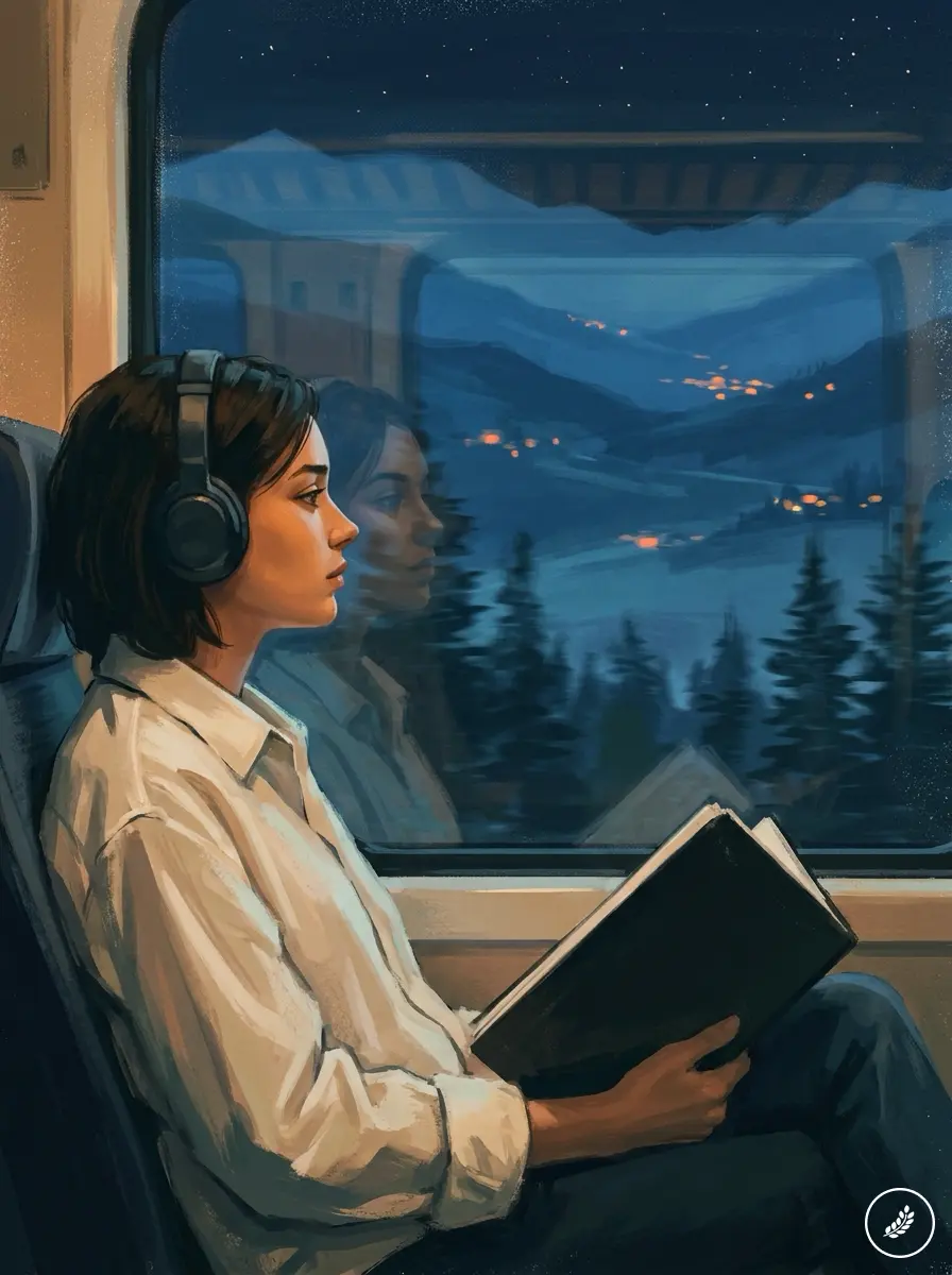 Person with headphones reading on a night train, gazing at illuminated mountain villages through the window