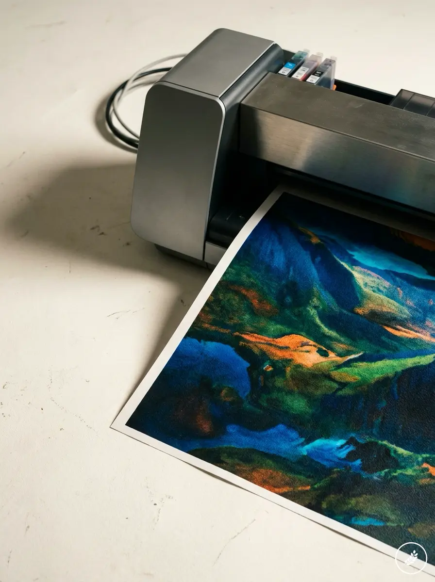 Printer_and_poster_on_surface_202607180014 Inkjet photo printer printing a vibrant abstract art print on glossy paper, visible color ink cartridges | Sky Rye Design Inkjet photo printer printing a vibrant abstract art print on glossy paper, visible color ink cartridges