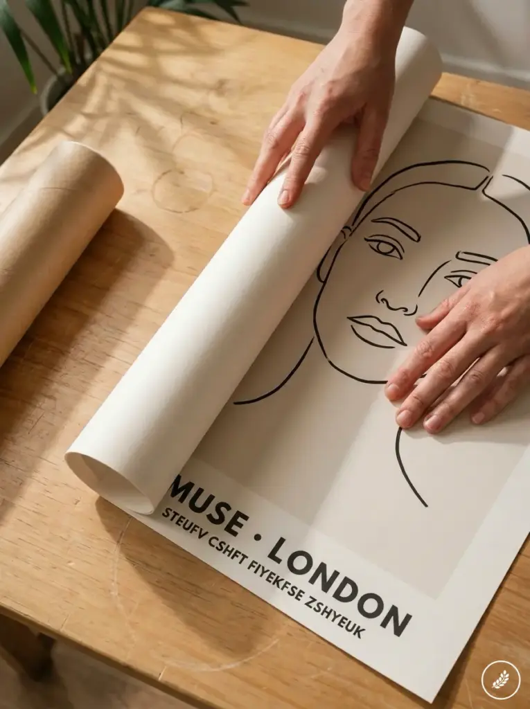 Hands_unrolling_art_poster_202607180020 Hands unrolling a poster on a wooden table, revealing a minimalist line drawing of a face and the text 'MUSE • LONDON'. | Sky Rye Design Hands unrolling minimalist line-art'Muse London' wall art poster on a wooden table — art print home decor