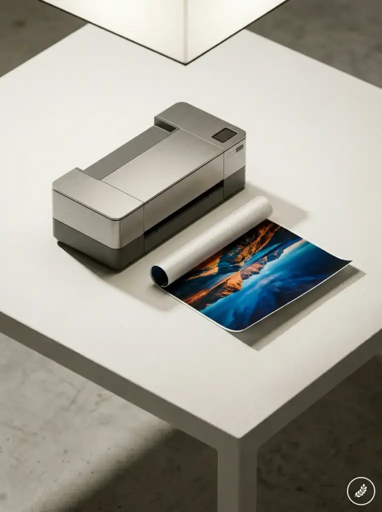 Printer_and_poster_on_table_202607180026 Portable photo printer printing a vibrant mountain landscape photo on a white table | Sky Rye Design Portable photo printer printing a vibrant mountain landscape photo on a white table