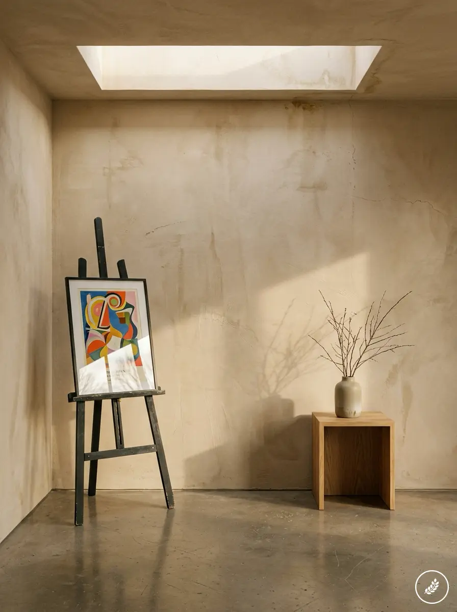 Room_with_abstract_poster_202607180027 Minimal sunlit studio with skylight, easel holding colorful abstract painting and wooden stool with vase and branches. | Sky Rye Design Minimal sunlit studio with skylight, easel holding colorful abstract painting and wooden stool with vase and branches.
