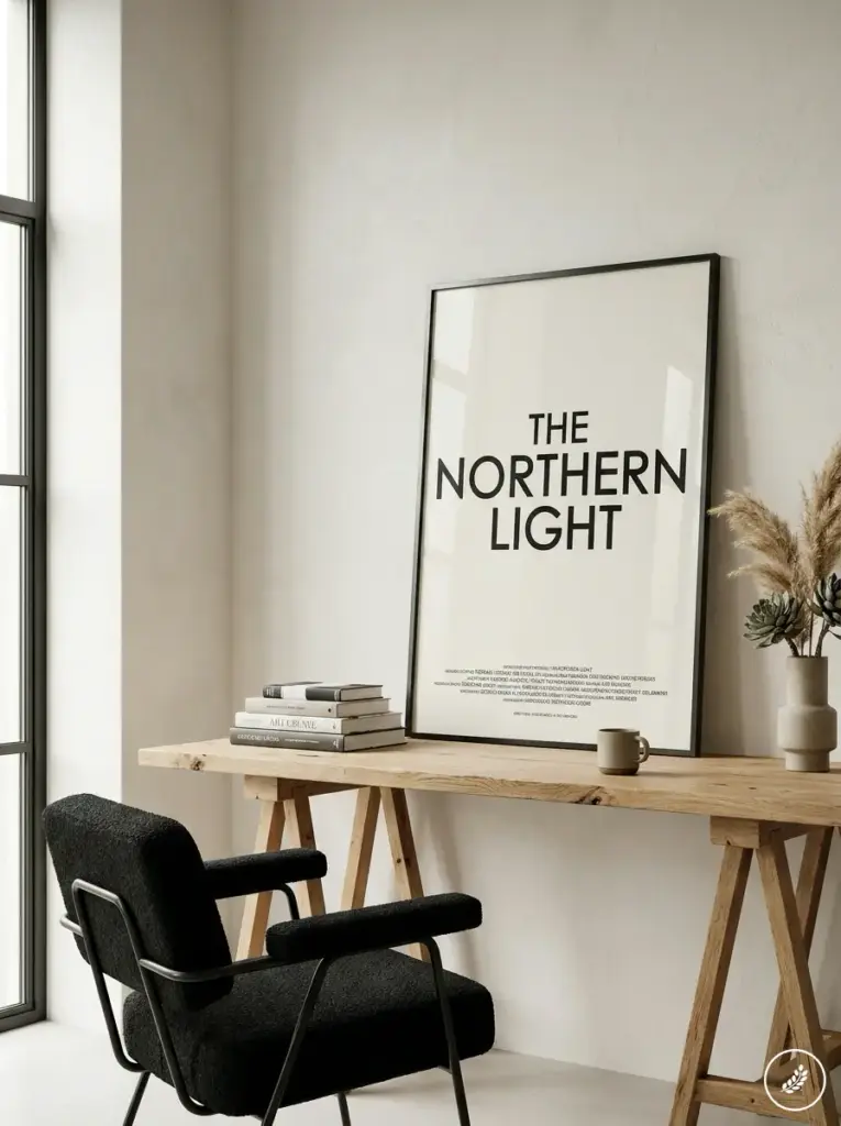 Movie_poster_leaning_plaster_wall_202607180032 Minimalist home office with wooden desk, black armchair, black-framed The Northern Light poster, books and pampas grass. | Sky Rye Design Minimalist home office with wooden desk, black armchair, black-framed The Northern Light poster, books and pampas grass.