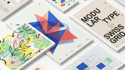 Brand identity mockups: flat lay of colorful branding collateral, brochures, modular typography and Swiss grid design layouts