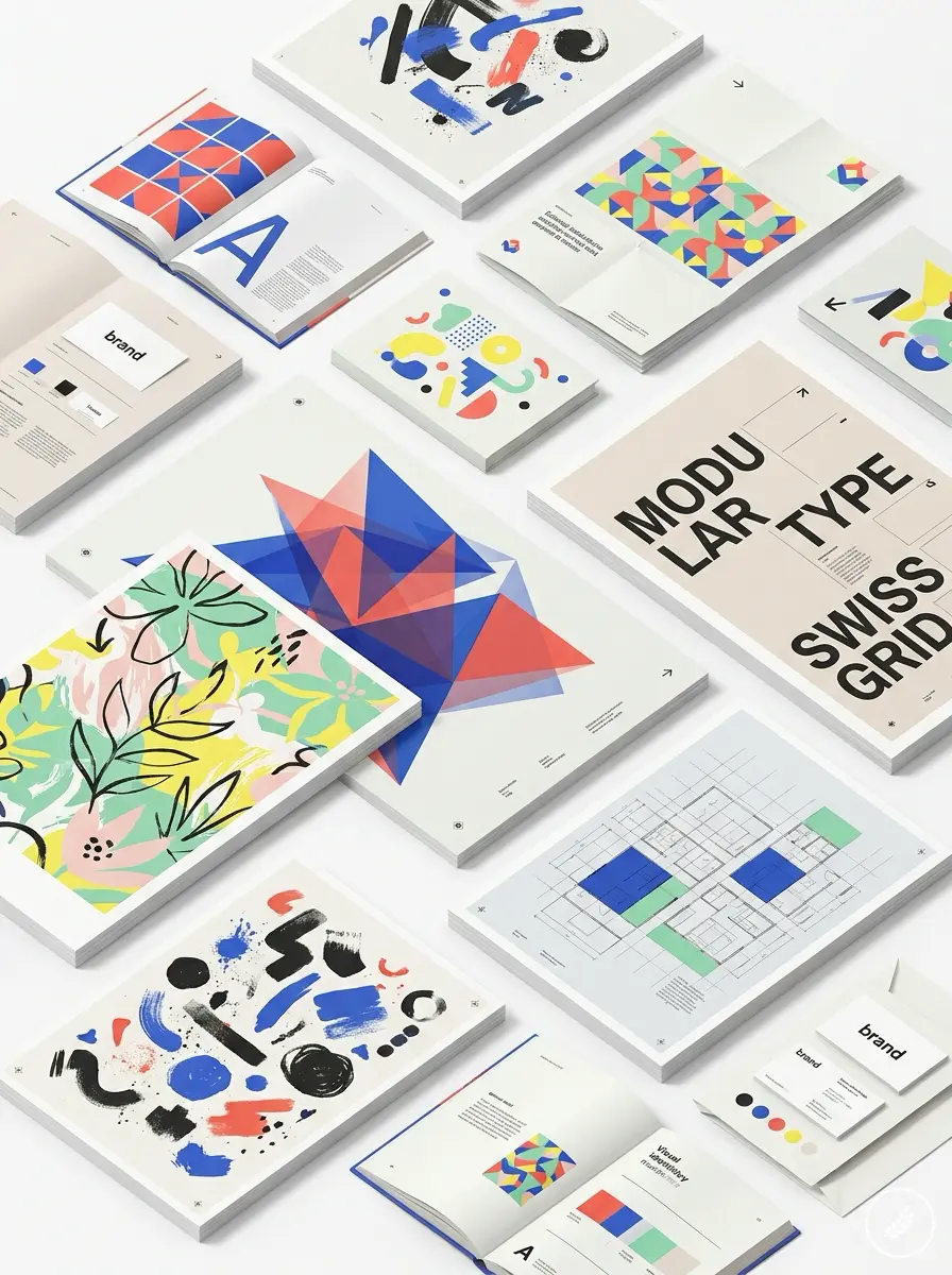 Isometric_graphic_design_portfol_202607180033 Brand identity mockups: flat lay of colorful branding collateral, brochures, modular typography and Swiss grid design layouts | Sky Rye Design Brand identity mockups: flat lay of colorful branding collateral, brochures, modular typography and Swiss grid design layouts