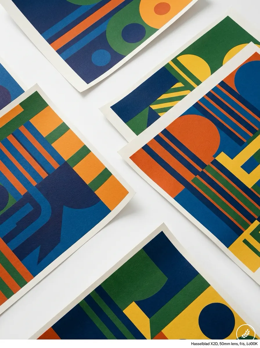 Posters_overlapping_on_white_sur_202607180007 Colorful geometric abstract art prints with blue, orange, green and yellow shapes and stripes on white background | Sky Rye Design Colorful geometric abstract art prints with blue, orange, green and yellow shapes and stripes on white background