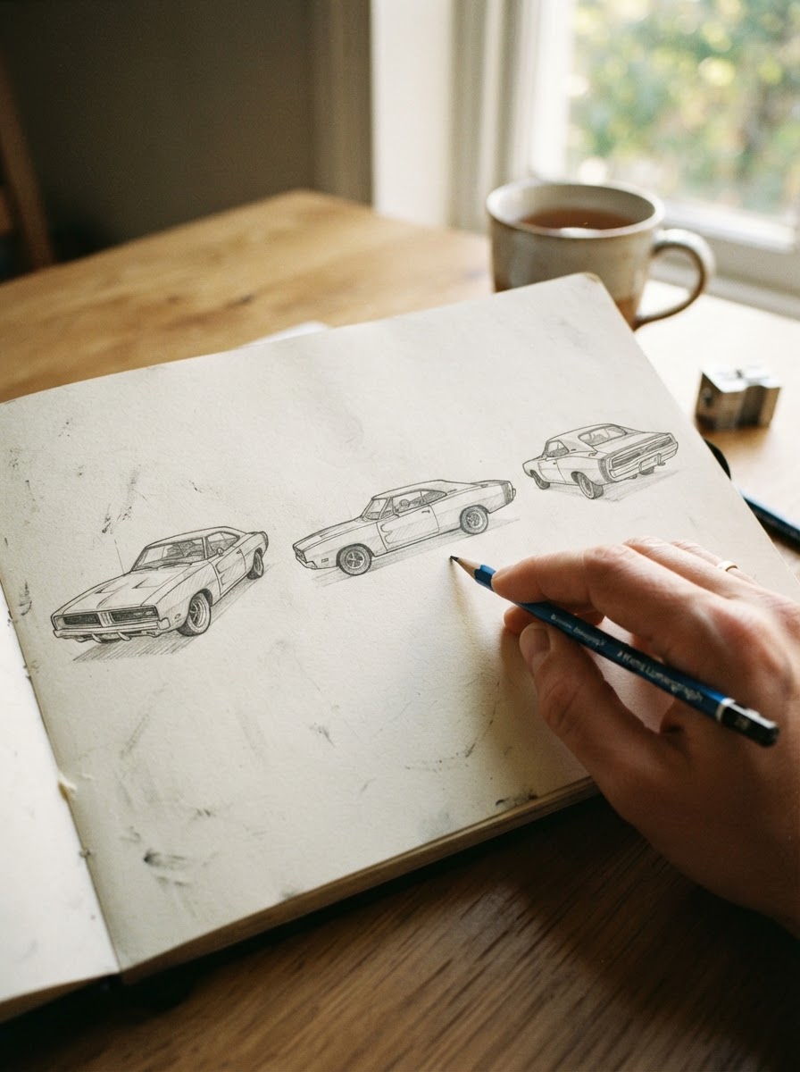 Dodge Charger Drawing Three Angles Three pencil sketches of the same Dodge Charger showing a front three-quarter view, a side profile, and a full rear view side-by-side. | Sky Rye Design Three pencil sketches of the same Dodge Charger showing a front three-quarter view, a side profile, and a full rear view side-by-side.