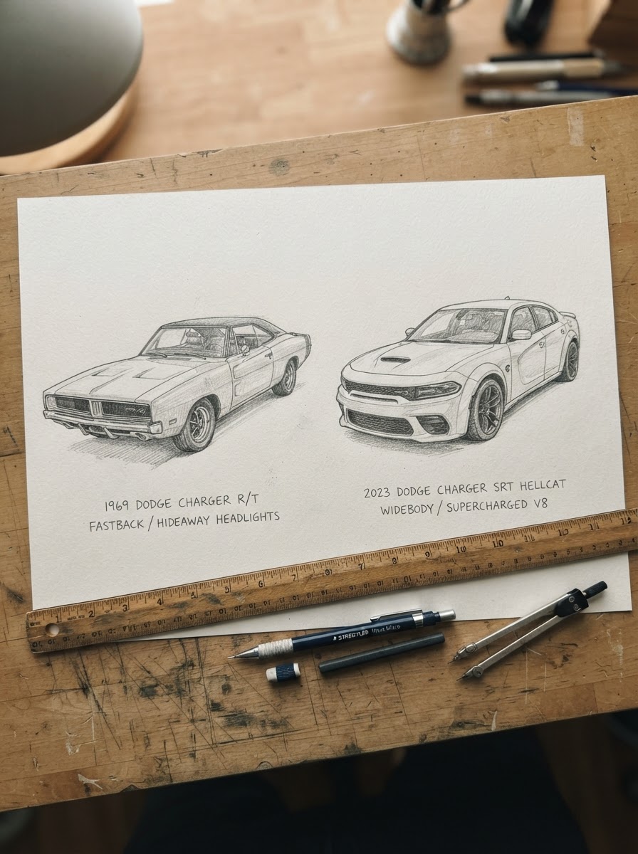 Dodge Charger Generations Comparison Sketch Pencil drawings comparing a classic 1969 Dodge Charger fastback and a modern 2023 Dodge Charger Hellcat side by side on paper. | Sky Rye Design Pencil drawings comparing a classic 1969 Dodge Charger fastback and a modern 2023 Dodge Charger Hellcat side by side on paper.