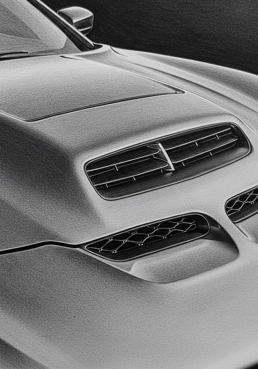 Dodge Charger Hellcat Hood Scoop Pencil Drawing Extreme close-up pencil drawing showing a Dodge Charger Hellcat supercharger hood scoop with dual intakes and a raised center spine. | Sky Rye Design Extreme close-up pencil drawing showing a Dodge Charger Hellcat supercharger hood scoop with dual intakes and a raised center spine.