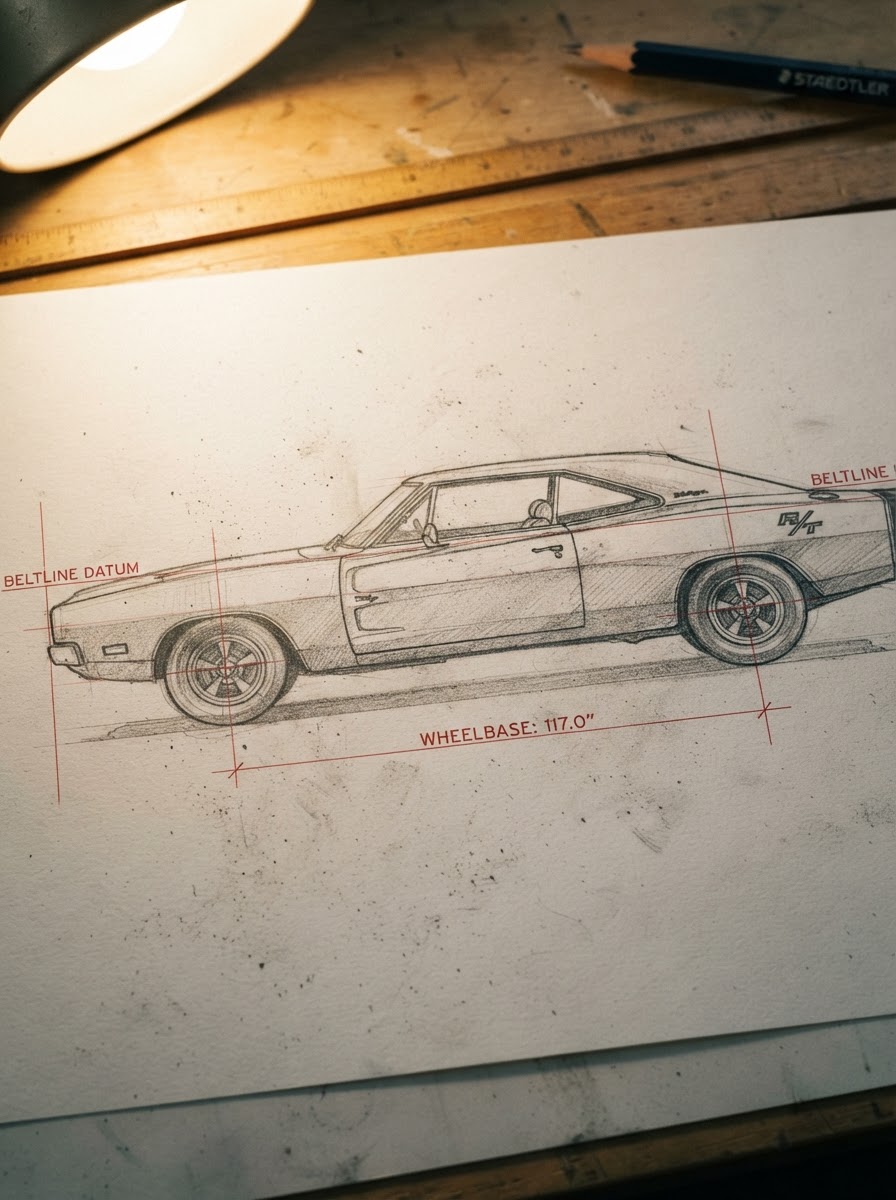 Dodge Charger Proportions Drawing Guide Close-up pencil sketch of a Dodge Charger side profile with red guideline overlays indicating wheelbase and beltline proportions. | Sky Rye Design Close-up pencil sketch of a Dodge Charger side profile with red guideline overlays indicating wheelbase and beltline proportions.