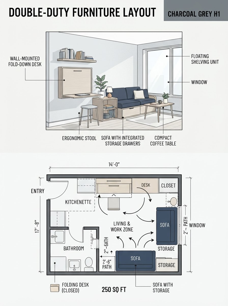 Double-Duty Multi-Functional Furniture Layout Infographic Two-panel infographic: Living area with wall-mounted fold-down desk and storage bed; bottom panel is a 2D floor plan showing furniture clearances. | Sky Rye Design Two-panel infographic: Living area with wall-mounted fold-down desk and storage bed; bottom panel is a 2D floor plan showing furniture clearances.