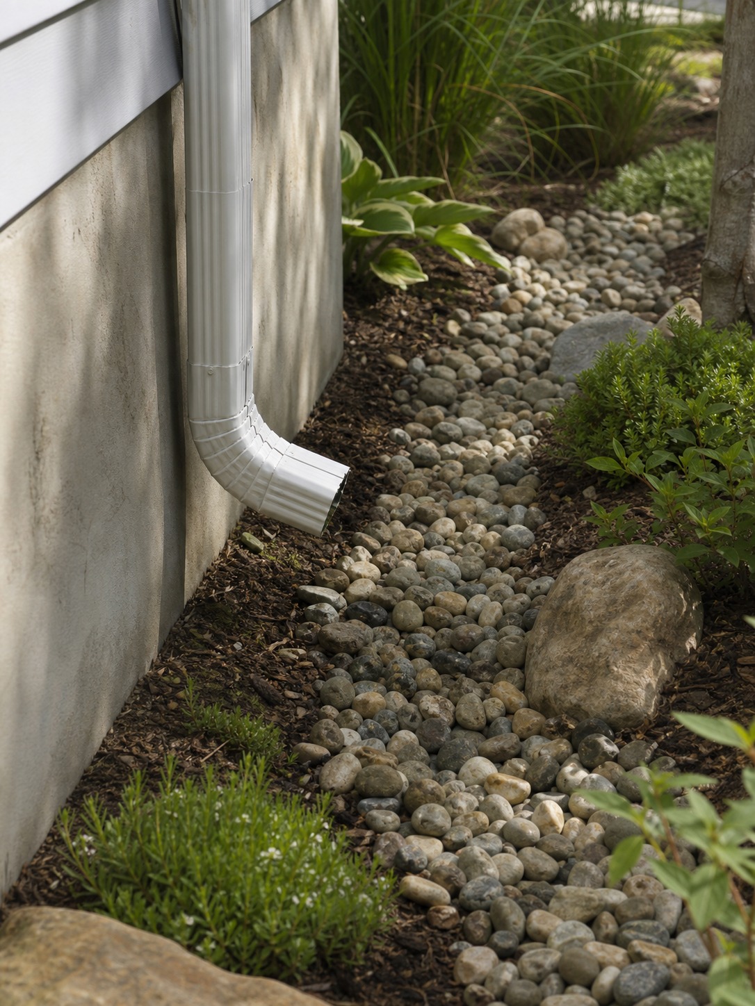Downspout Dry Creek Bed Downspout extension guiding roof water away from the foundation into a gravel dry creek bed. | Sky Rye Design Downspout extension guiding roof water away from the foundation into a gravel dry creek bed.