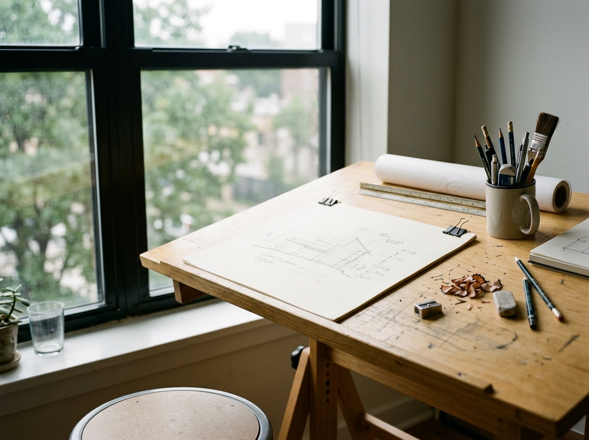 Drafting Table Positioned Near a North-Facing Window A close-up of a clean drafting table near a north-facing window, with soft diffused light illuminating sketches and art supplies. | Sky Rye Design A close-up of a clean drafting table near a north-facing window, with soft diffused light illuminating sketches and art supplies.
