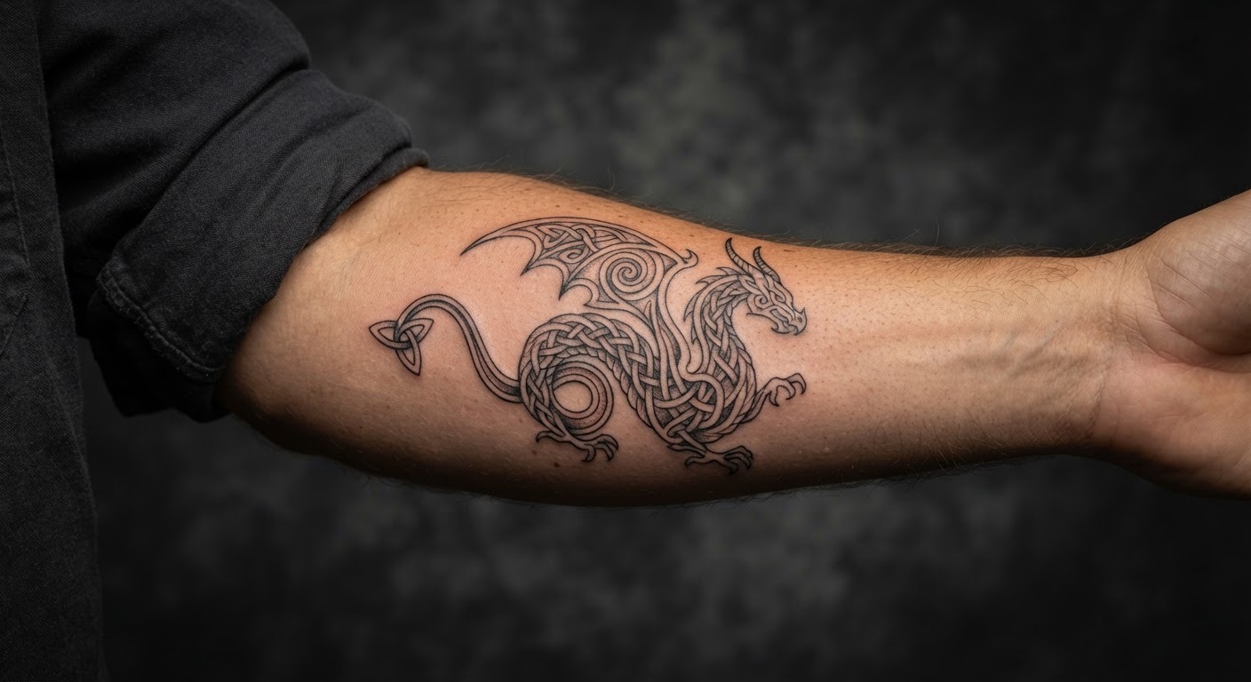 Celtic knotwork dragon forearm tattoo Fine-line Celtic knotwork dragon tattoo forming a continuous forearm pattern. | Sky Rye Design Fine-line Celtic knotwork dragon tattoo forming a continuous forearm pattern.