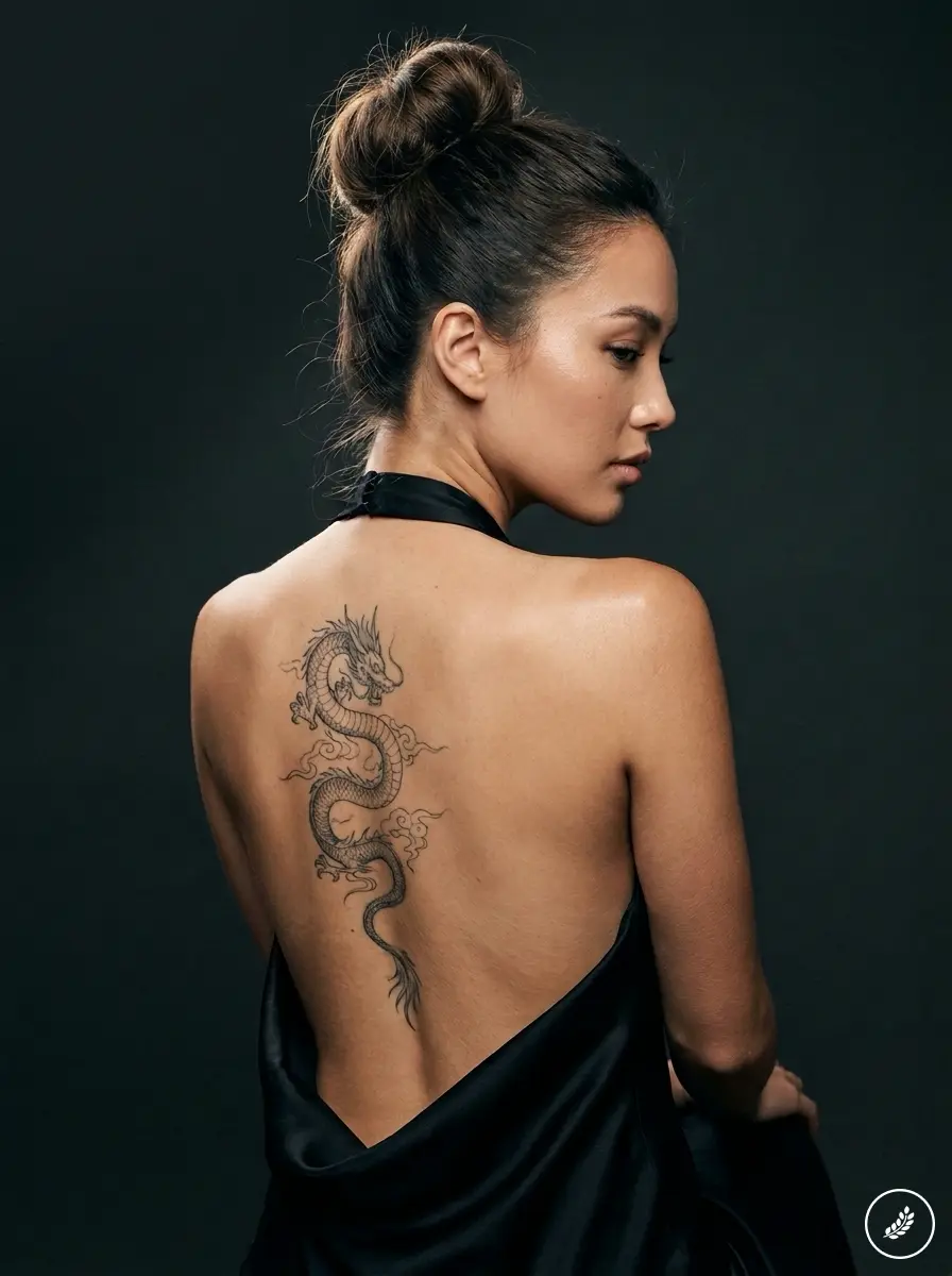 Woman_with_dragon_tattoo_202607241240 Woman with intricate dragon back tattoo in black open-back dress, hair in bun against dark studio background | Sky Rye Design Woman with intricate dragon back tattoo in black open-back dress, hair in bun against dark studio background