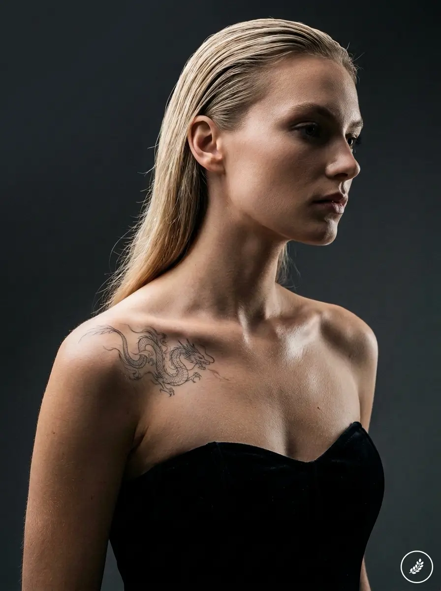 Model_with_dragon_tattoo_202607241243 Side-profile studio portrait of a blonde woman in a black strapless top, showcasing a dragon shoulder tattoo | Sky Rye Design Side-profile studio portrait of a blonde woman in a black strapless top, showcasing a dragon shoulder tattoo