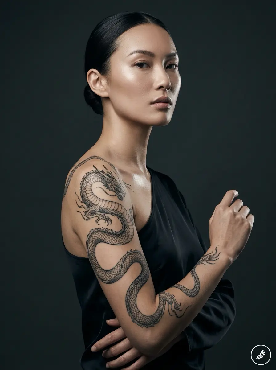 Model_with_dragon_tattoo_202607241248 Studio portrait of woman with dragon sleeve tattoo winding down her arm against a dark background | Sky Rye Design Studio portrait of woman with dragon sleeve tattoo winding down her arm against a dark background