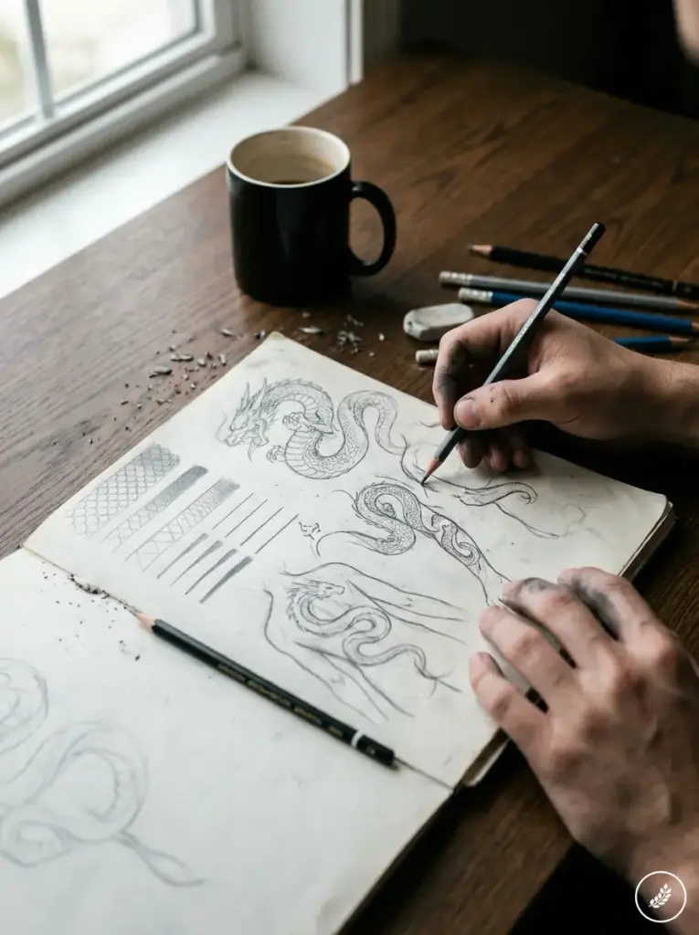 Artist_hands_drawing_dragon_tattoo_202607241250 Artist drawing dragon tattoo sketches in a sketchbook with pencils and coffee on a wooden desk | Sky Rye Design Artist drawing dragon tattoo sketches in a sketchbook with pencils and coffee on a wooden desk
