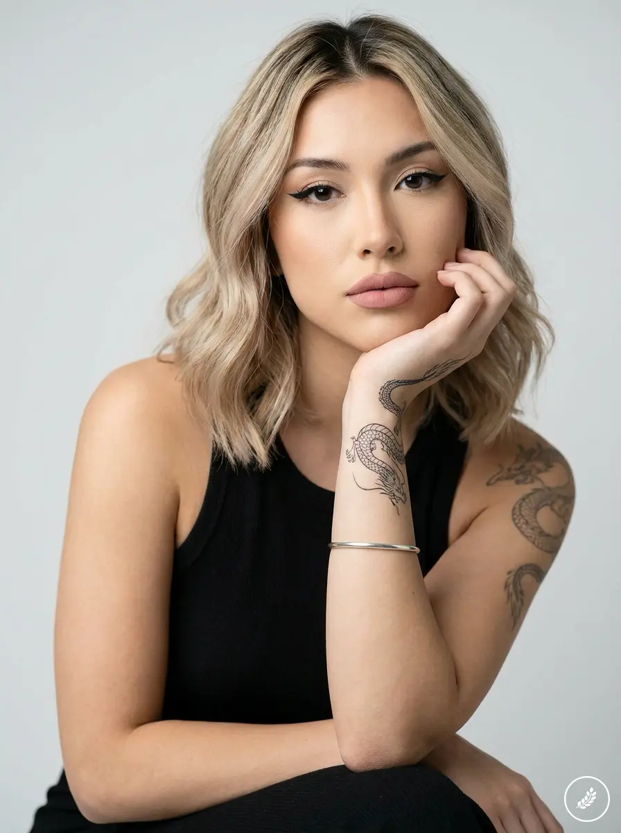 Woman_with_dragon_tattoo_studio_202607241253 Close-up portrait of young woman with blonde bob, winged eyeliner and dragon forearm tattoo in black top | Sky Rye Design Close-up portrait of young woman with blonde bob, winged eyeliner and dragon forearm tattoo in black top