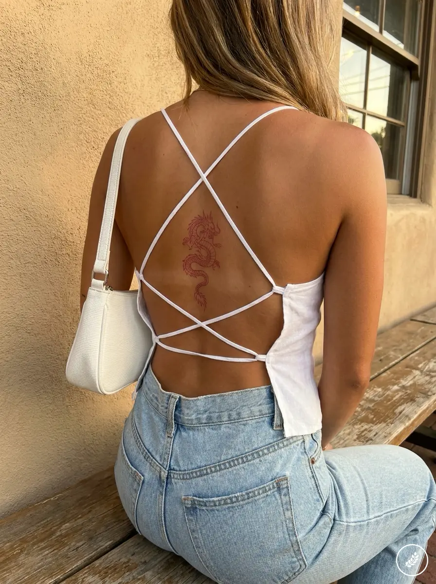 Woman_with_dragon_tattoo_202607241256 Back view of woman wearing white crisscross strappy top, high-waist jeans and white bag, red dragon tattoo | Sky Rye Design Back view of woman wearing white crisscross strappy top, high-waist jeans and white bag, red dragon tattoo