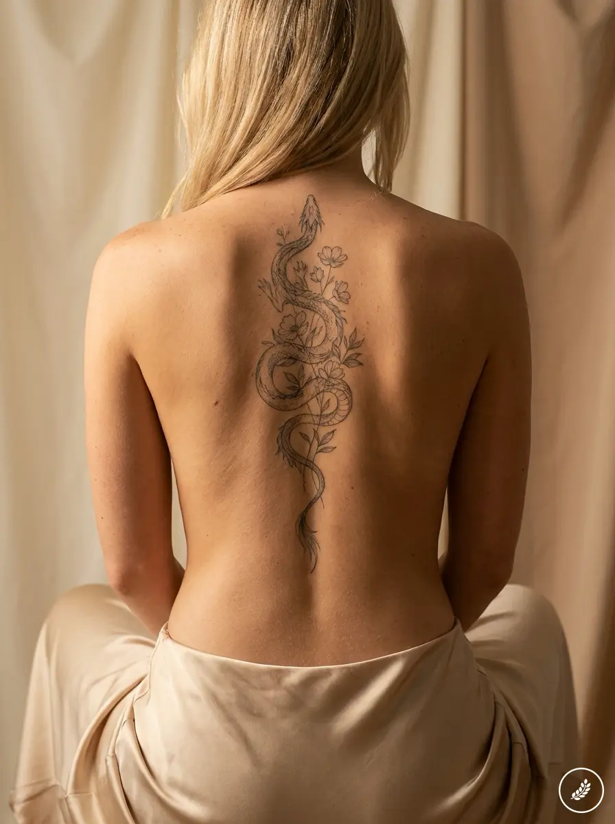 Womans_back_with_dragon_tattoo_202607241310 Snake and floral spine tattoo on bare back of blonde woman, neutral draped fabric backdrop | Sky Rye Design Snake and floral spine tattoo on bare back of blonde woman, neutral draped fabric backdrop