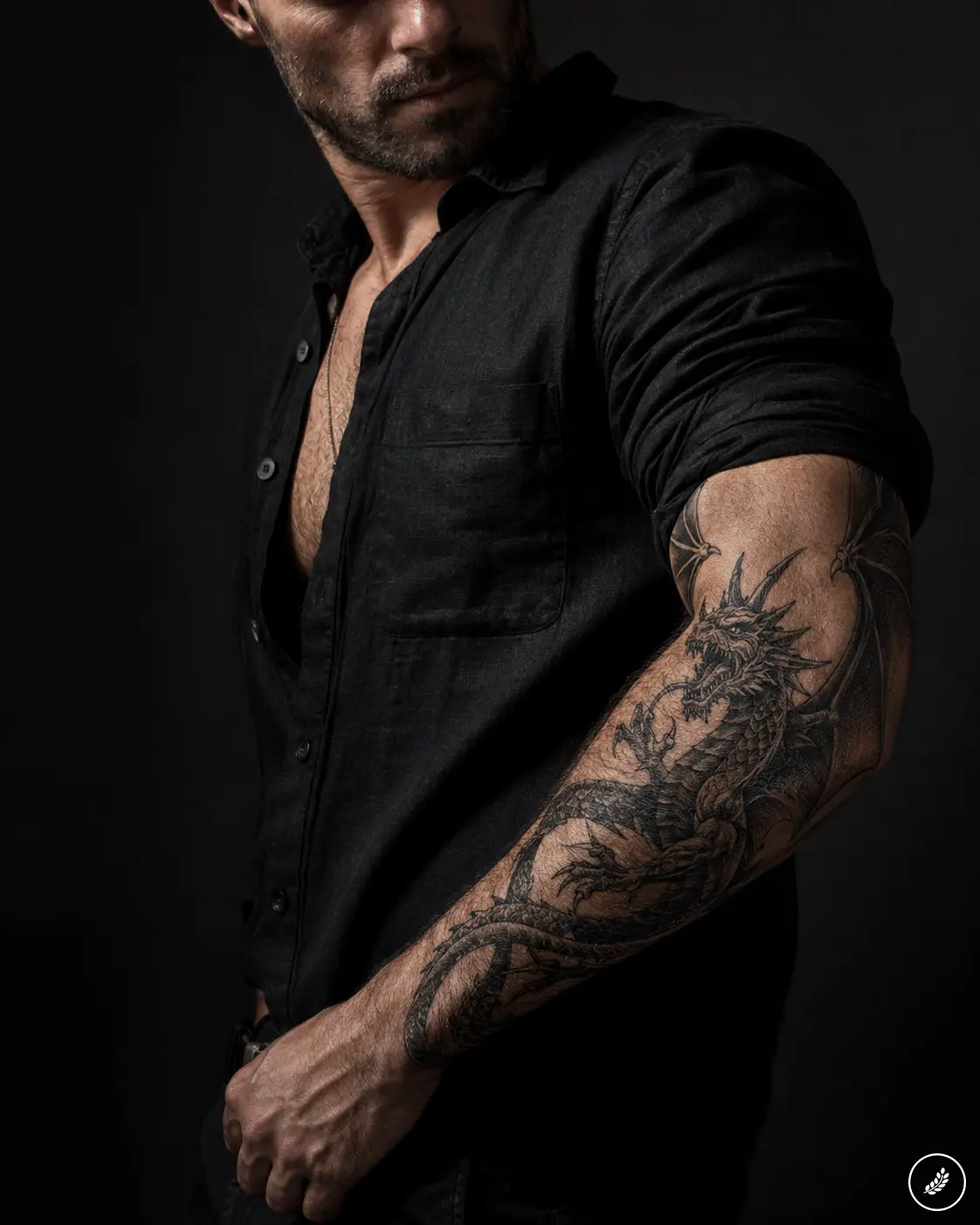 Close-up of male forearm dragon sleeve tattoo with rolled-up black shirt — detailed men’s inked arm, tattoo art