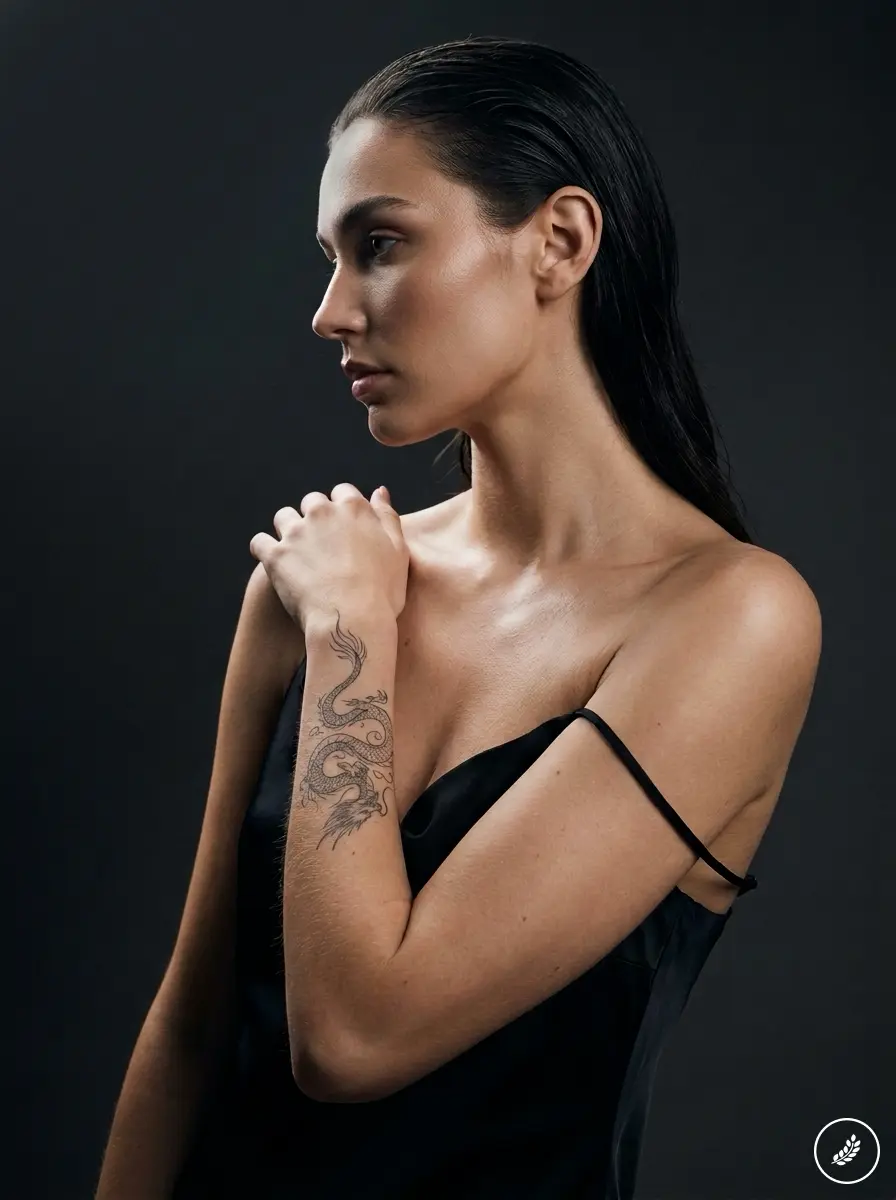 Woman_with_dragon_tattoo_202607241237 Elegant female model side profile with wet hair in black slip dress, showcasing dragon forearm tattoo on dark background | Sky Rye Design Elegant female model side profile with wet hair in black slip dress, showcasing dragon forearm tattoo on dark background
