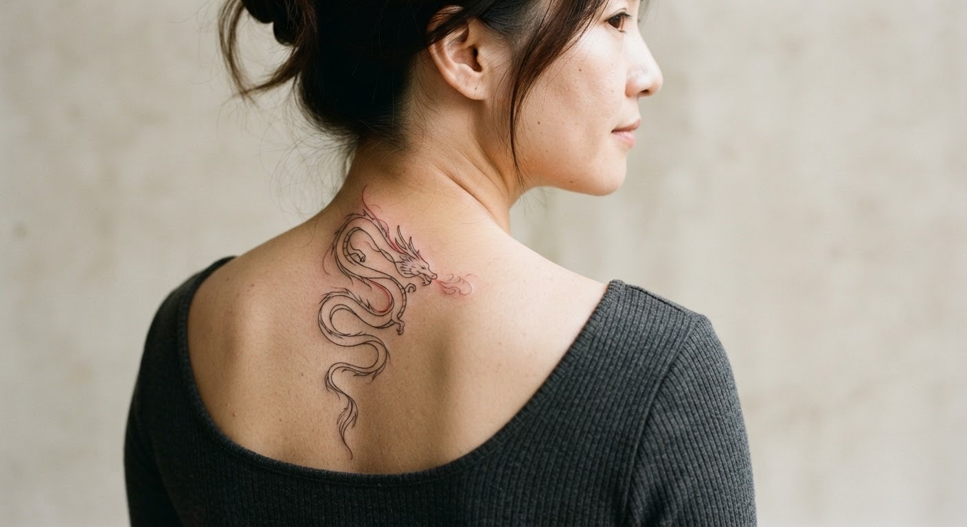 Fine-line upper back dragon tattoo Fine-line dragon tattoo on the upper back with a subtle red accent. | Sky Rye Design Fine-line dragon tattoo on the upper back with a subtle red accent.