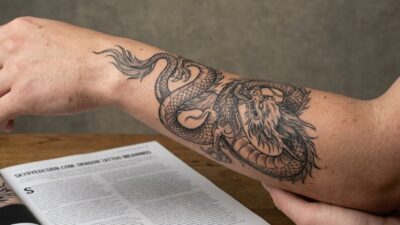 Forearm dragon tattoo photographed in a realistic editorial style.
