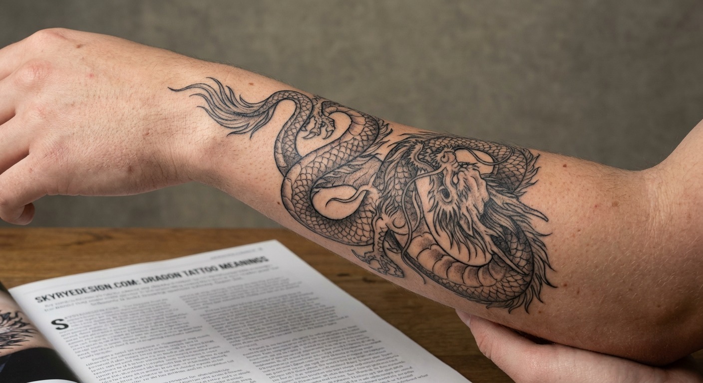 Forearm dragon tattoo documentary hero Forearm dragon tattoo photographed in a realistic editorial style. | Sky Rye Design Forearm dragon tattoo photographed in a realistic editorial style.