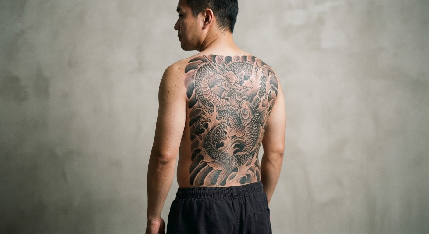 Japanese Irezumi dragon back piece Black and grey Japanese Irezumi dragon back tattoo with flowing water and koi details. | Sky Rye Design Black and grey Japanese Irezumi dragon back tattoo with flowing water and koi details.